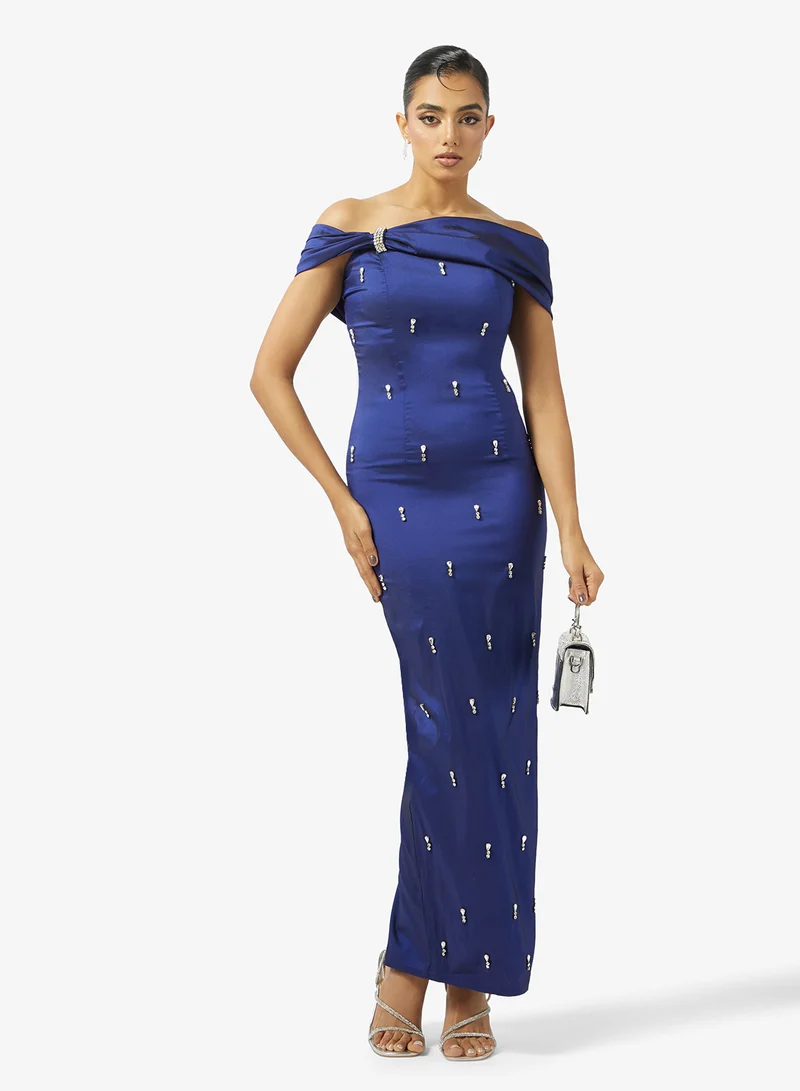 Akadia Fashion  OFF SHOULDER SCATTERED CRYSTALS TAFFETA DRESS for Women | Best Price UAE